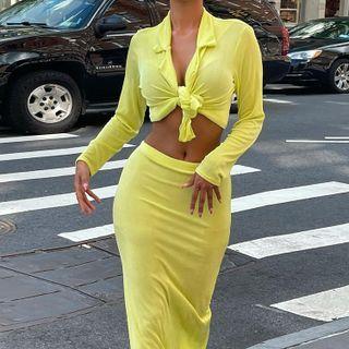 Set: Plain Long-sleeve Tie-front Shirt + Plain Skirt