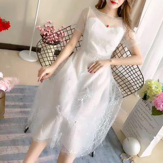 Fringed Short-sleeve Midi Cocktail Dress