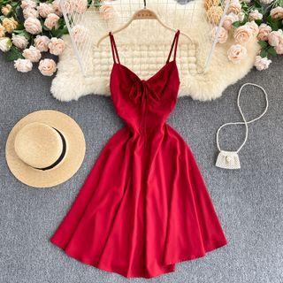 V-neck Drawstring Ruched Spaghetti-strap Dress