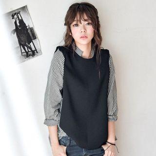 Long-sleeve Stand-collar Gingham Panel Top