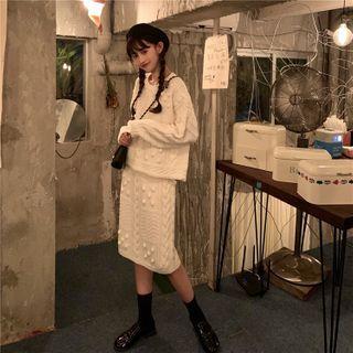 Set: Round Neck Plain Sweater + Midi Pencil Knit Skirt