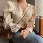 V-neck Puff-sleeve Blouse Almond - One Size
