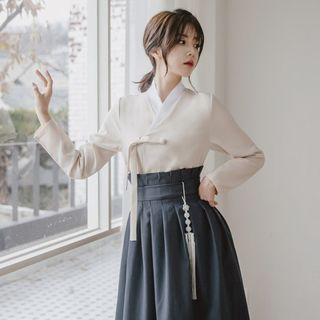 Set: Hanbok Top (plain / Light Beige) + Skirt (maxi / Charcoal Gray)