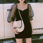 Mesh Puff Sleeve Velvet Ruched Bodycon Dress