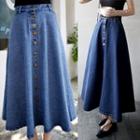 Buttoned Denim A-line Maxi Skirt