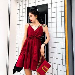 Ruffled-trim V-neck Ribbon Spaghetti Strap Dress