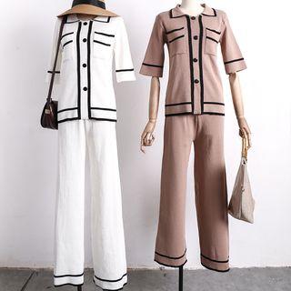 Set: Contrasted Knit Top + Wide-leg Pants