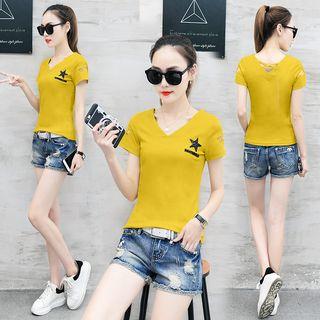 Mesh Insert V-neck Short-sleeve T-shirt