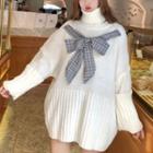 Turtleneck Plaid Bow Front Ribbed Knit Top White - One Size