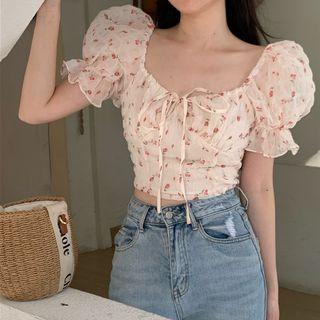Floral Print Cropped Blouse Floral - One Size