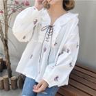 Floral Embroidered Lantern Sleeve Top