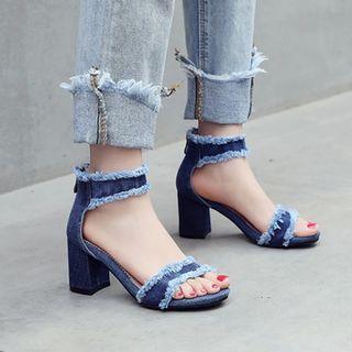 Frayed Denim Block Heel Sandals