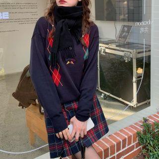 Argyle Collared Sweater Navy Blue - One Size