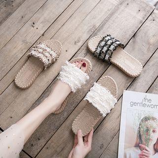 Frayed Bead Accent Slide Sandals