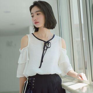 Cold Shoulder Elbow-sleeve Chiffon Top