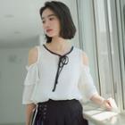 Cold Shoulder Elbow-sleeve Chiffon Top