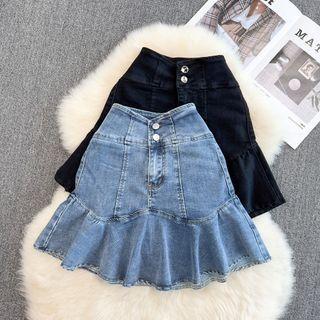 High Waist Ruffle Denim Mermaid Mini Skirt