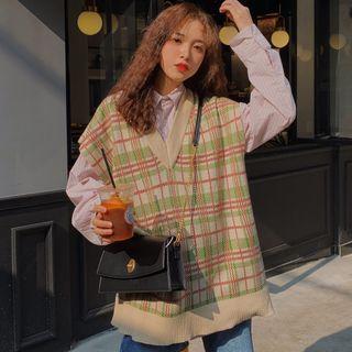 Striped Shirt / Plaid Sweater Vest