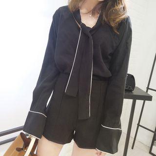 Tie-neck Shirt / Striped Panel Pants