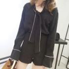 Tie-neck Shirt / Striped Panel Pants