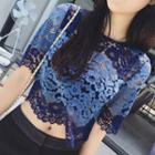 Color Panel Lace Short Sleeve Top