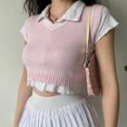 Cropped Color-block Panel V-neck Knit Tank Top Pink - One Size