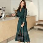 Lace Open Collar Long-sleeve Midi Dress