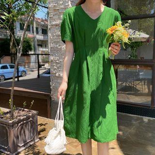 V-neck Linen Blend A-line Dress