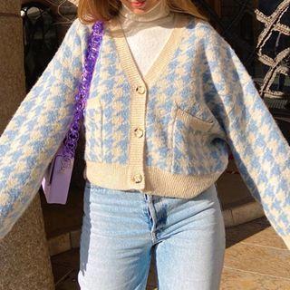 Houndstooth Cropped Cardigan Houndstooth - Blue & Beige - One Size