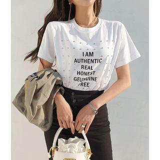 Rhinestone-trim Letter Print T-shirt