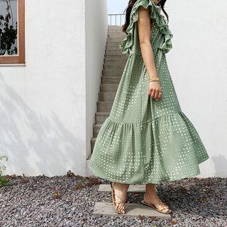 Smocked Ruffled Long Polka-dot Dress