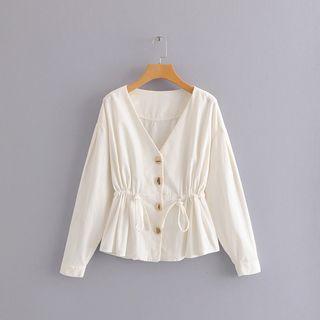 V-neck Drawstring Waist Corduroy Blouse