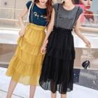 Set: Lettering Short-sleeve T-shirt + Midi Suspender Skirt