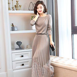 Set: Long-sleeve Top + Lace Panel Midi Accordion Pleat Skirt