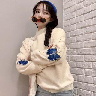 Mock-neck Butterfly Embroidery Sweater