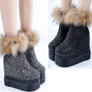 Faux Fur Trim Glittering Platform Hidden Wedge Ankle Boots