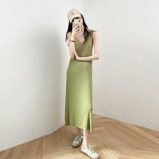 V-neck Plain Striped Knit A-line Dress