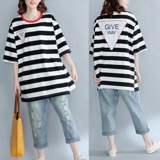 Elbow-sleeve Stripe Panel Loose-fit T-shirt