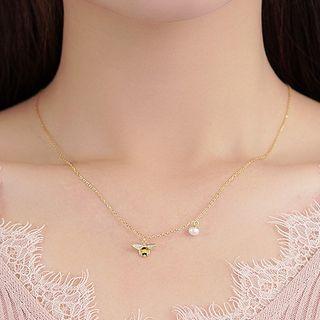 Sterling Silver Faux Pearl Bee Necklace