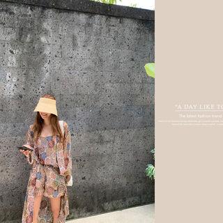 Floral Chiffon Vacation Set: Robe + Top + Shorts Beige - One Size