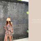 Floral Chiffon Vacation Set: Robe + Top + Shorts Beige - One Size