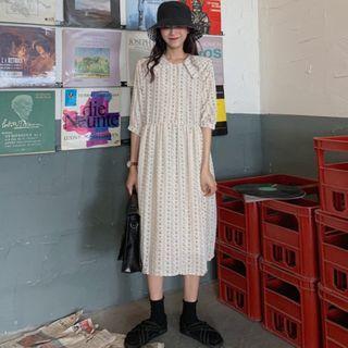 Floral Print 3/4-sleeve Midi A-line Dress Off-white - One Size