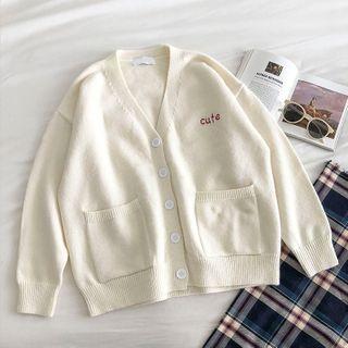 Lettering V-neck Single-breasted Long-sleeve Cardigan Almond - One Size
