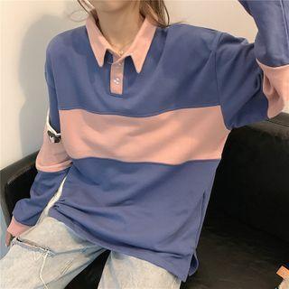 Color-block Long-sleeve Oversize Polo Top