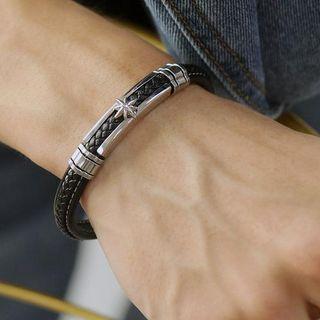 Stainless Steel Star Leather Bracelet 1421 - Black & Silver - One Size