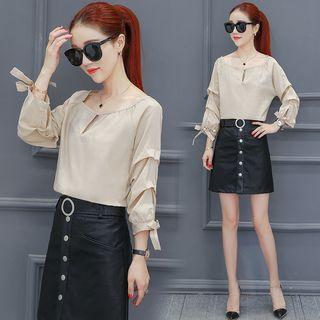 3/4-sleeve Bow-cuff Round Neck Top