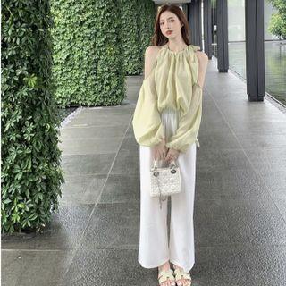 Cold-shoulder Ruffled Blouse / Straight Leg Pants