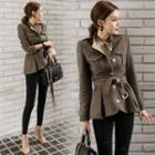 Herringbone Tie-waist Buttoned Jacket