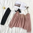 Plain Eyelet Lace Square-neck Long-sleeve Blouse