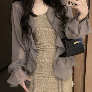 Spaghetti Strap Mini Sheath Dress / Ruffle Light Jacket